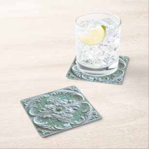 Posavasos Cuadrado De Papel Hermosa Baldosa Estampada Blanca Verde Claro