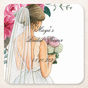Posavasos Cuadrado De Papel hermosa ducha de novia floral rosa
