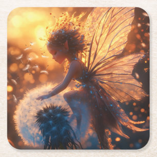 Posavasos Cuadrado De Papel Hermosa hada de sol con Dandelion