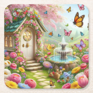 Posavasos Cuadrado De Papel Hermosa imagen de un jardín de flores de primavera