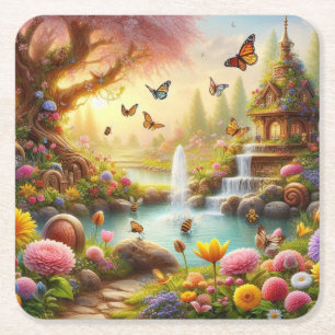 Posavasos Cuadrado De Papel Hermosa imagen de un jardín de flores de primavera