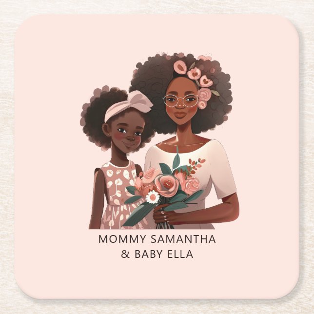 Posavasos Cuadrado De Papel Hermosa mamá y hija negras (17) (Anverso)