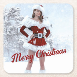 Posavasos Cuadrado De Papel Hermosa mujer Navidad por la nieve de invierno