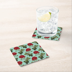 Posavasos Cuadrado De Papel Hermosa rosa roja, fondo verde, patrón