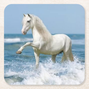 Posavasos Cuadrado De Papel Hermoso Caballo Blanco en el Agua