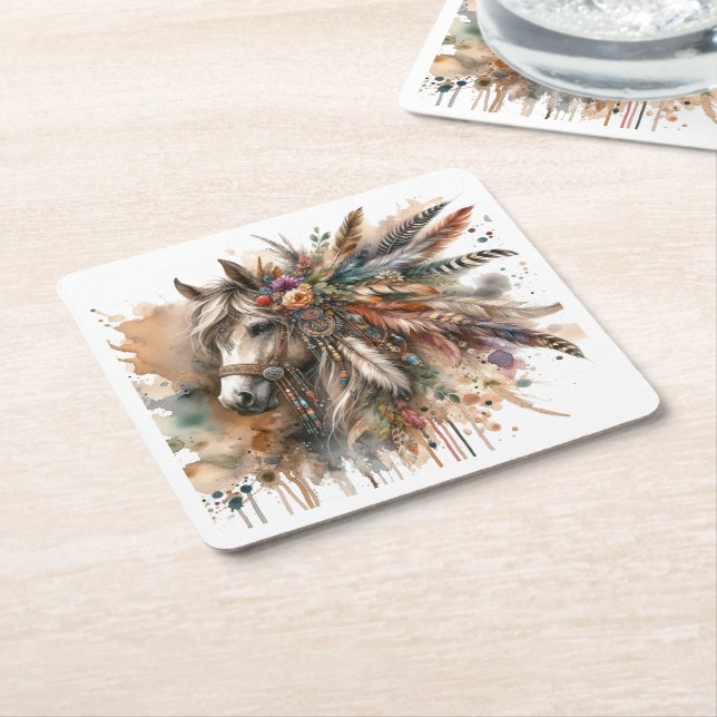 Posavasos Cuadrado De Papel Hermoso Caballo Boho (En perspectiva)