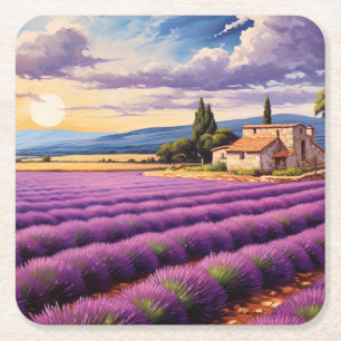 Posavasos Cuadrado De Papel Hermoso campo de lavanda en Provenza, Francia
