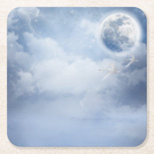 Posavasos Cuadrado De Papel Hermoso cielo azul con cisnes voladores