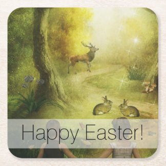 Posavasos Cuadrado De Papel Hermoso Conejo Vintage Escena Bosque Pascua