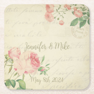 Posavasos Cuadrado De Papel Hermoso diseño de rosas vintage