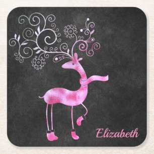Posavasos Cuadrado De Papel Hermoso, encantador, reno de Navidades rosados