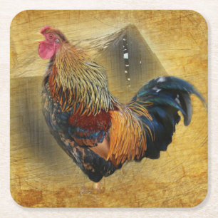 Posavasos Cuadrado De Papel Hermoso gallo y rústico gallinero