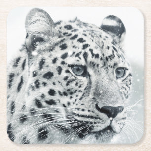 Posavasos Cuadrado De Papel Hermoso leopardo en la nieve