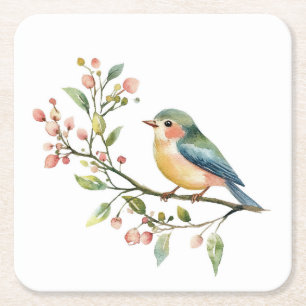 Posavasos Cuadrado De Papel Hermoso Pájaro Acuarela