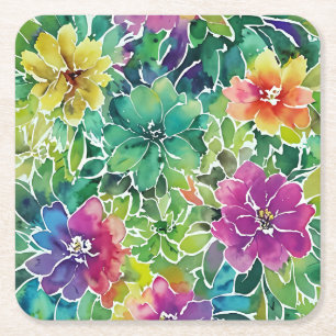 Posavasos Cuadrado De Papel Hermoso patrón de flor acuarela
