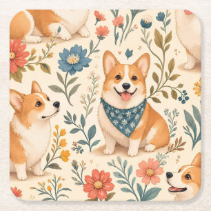 Posavasos Cuadrado De Papel Hermoso patrón de jardín floral de Corgi