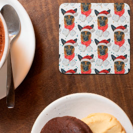 Posavasos Cuadrado De Papel Hermoso patrón navideño de perro pastor alemán
