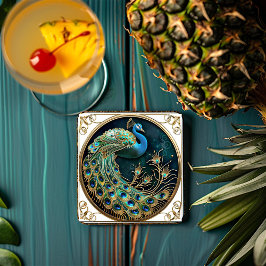 Posavasos Cuadrado De Papel Hermoso pavo real azul dorado turquesa Art Deco  