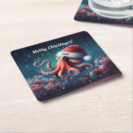 Posavasos Cuadrado De Papel Hermoso pulpo en Santa Hat