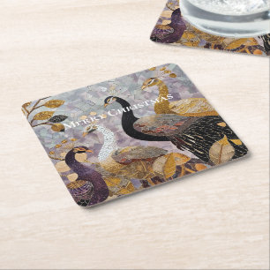 Posavasos Cuadrado De Papel Hermosos pavos reales blancos de oro de Navidad