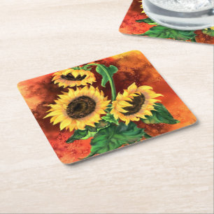 Posavasos Cuadrado De Papel Hermosos tres girasoles: pintura artística mixta