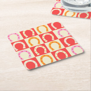 Posavasos Cuadrado De Papel Herradura Retro a Cuadros en Naranja Rojo y Rosa