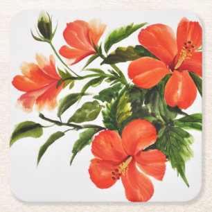Posavasos Cuadrado De Papel Hibisco rojo caliente