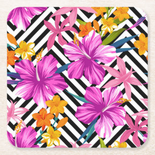 Posavasos Cuadrado De Papel hibisco tropical, hojas de palma, geométrico.