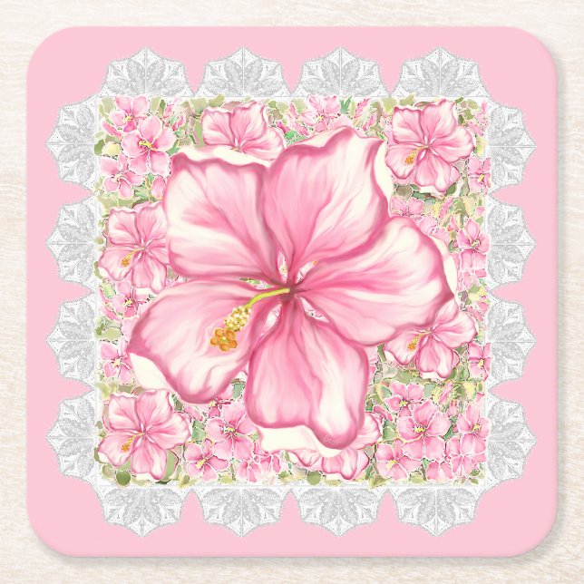 Posavasos Cuadrado De Papel Hibiscus & lace PINK (Anverso)