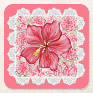Posavasos Cuadrado De Papel Hibiscus & lace RED