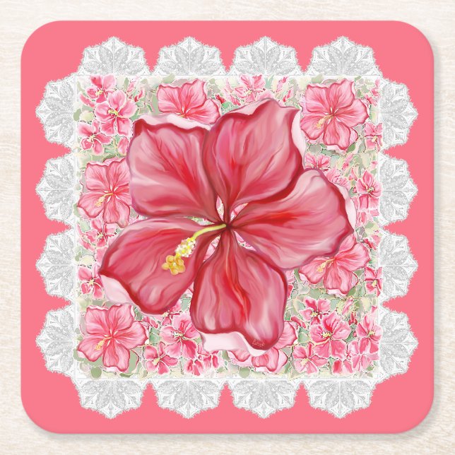 Posavasos Cuadrado De Papel Hibiscus & lace RED (Anverso)