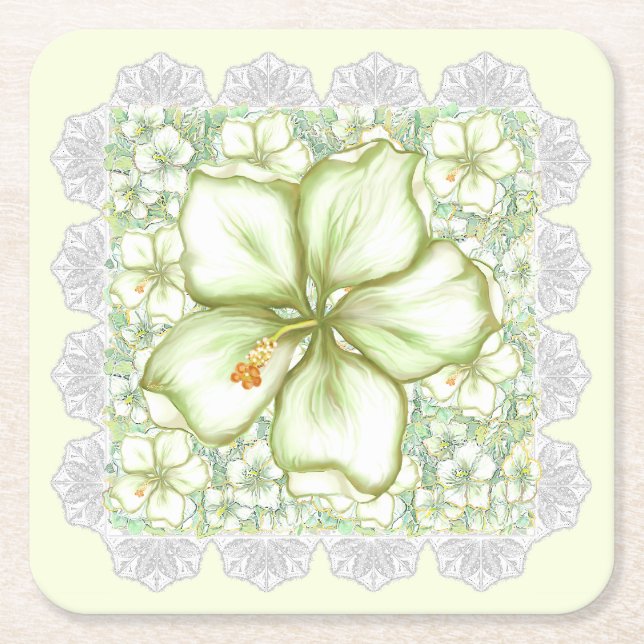 Posavasos Cuadrado De Papel Hibiscus & lace WHITE (Anverso)