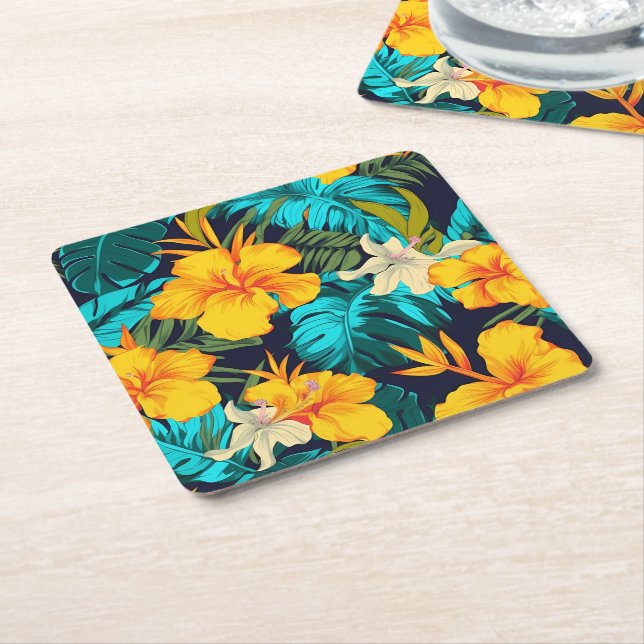 Posavasos Cuadrado De Papel Hibiscus Sunshine-Bright, Tropical Paper Coaster (En perspectiva)