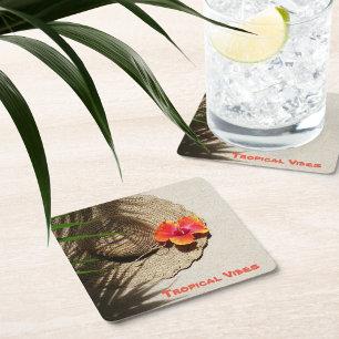 Posavasos Cuadrado De Papel Hibiscus Tropical Vibes Straw Gorra