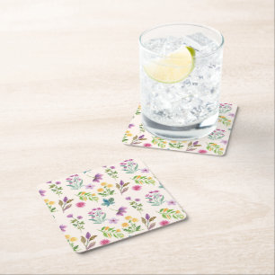 Posavasos Cuadrado De Papel Hibiscus Watercolor Botánico Blooming Seamless