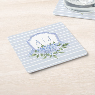 Posavasos Cuadrado De Papel Hidrangea azul Monograma con rayas