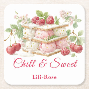 Posavasos Cuadrado De Papel Hielo Crema Sandwich Day Watercolor