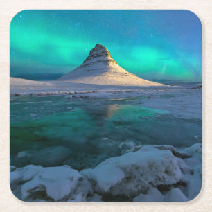 Posavasos Cuadrado De Papel Hielo y nieve   Montaña Kirkjufall, Islandia