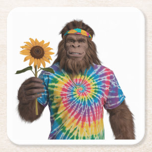 Posavasos Cuadrado De Papel Hippie Sasquatch en Tiedye con girasol