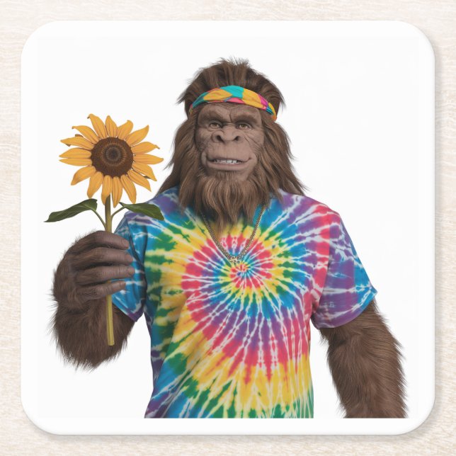 Posavasos Cuadrado De Papel Hippie Sasquatch en Tiedye con girasol (Anverso)