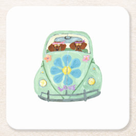 Posavasos Cuadrado De Papel Hippies Dachshund En Su Coche De Amor Floral