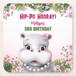 Posavasos Cuadrado De Papel Hippo Chica Floral Rosa Cumpleaños