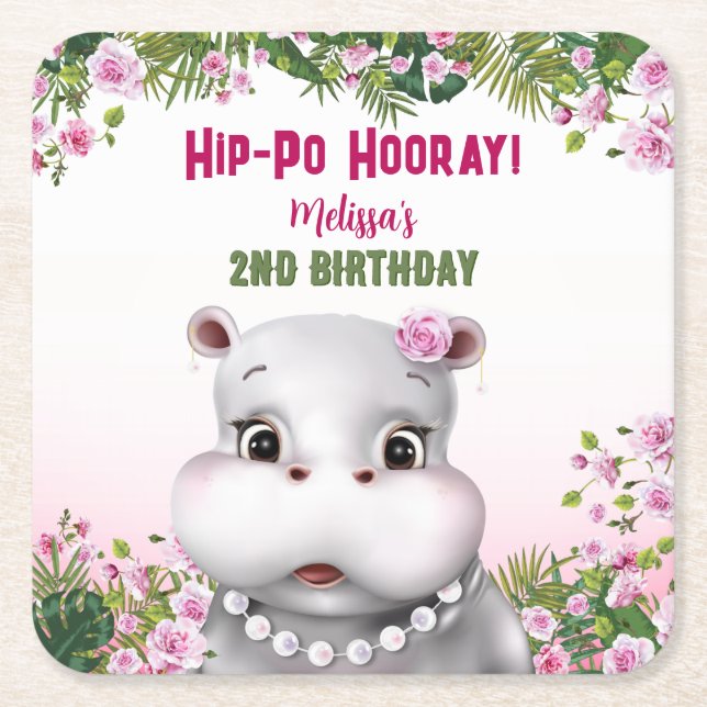 Posavasos Cuadrado De Papel Hippo Chica Floral Rosa Cumpleaños (Anverso)