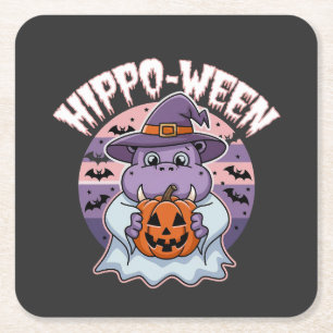 Posavasos Cuadrado De Papel Hippo-ween Spooky Halloween Moo Deng Hippo Ghost
