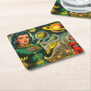 Posavasos Cuadrado De Papel Historietas de mujeres de ciencia ficción vintage