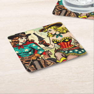 Posavasos Cuadrado De Papel Historietas de Vintage Western Cowgirl
