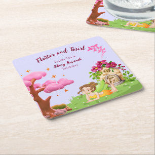 Posavasos Cuadrado De Papel Hogar de hadas amarillo lindo de las niñas