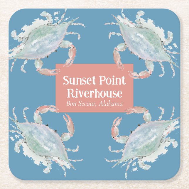 Posavasos Cuadrado De Papel Hogar de vacaciones de cangrejo acuarela (Anverso)
