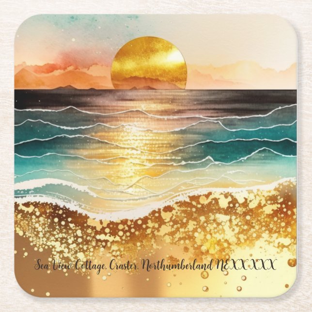 Posavasos Cuadrado De Papel Hogar personalizado de vacaciones al atardecer Bar (Anverso)