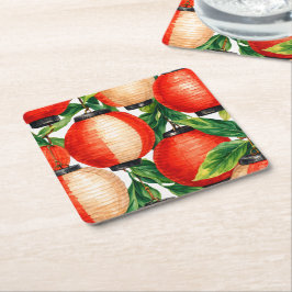 Posavasos Cuadrado De Papel Hoja de Linterna Japonesa Roja